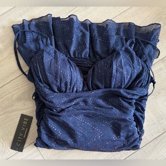Navy Blue Ruffle Glittery Mesh Ruched Mini Dress - Picture 7 of 7